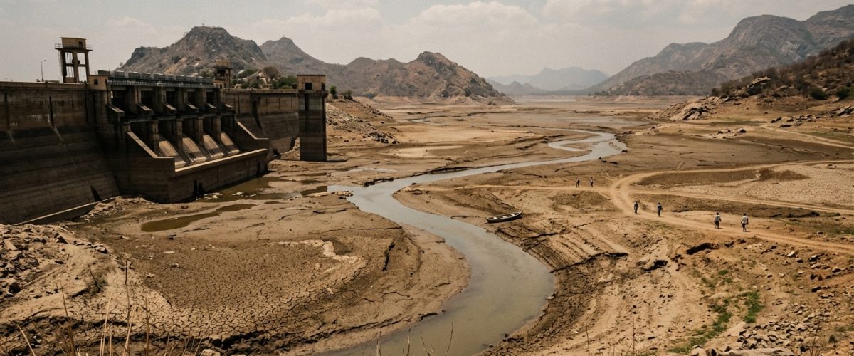 Indian reservoir showing critically low water levels with exposed dry lakebed
