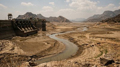 Indian reservoir showing critically low water levels with exposed dry lakebed