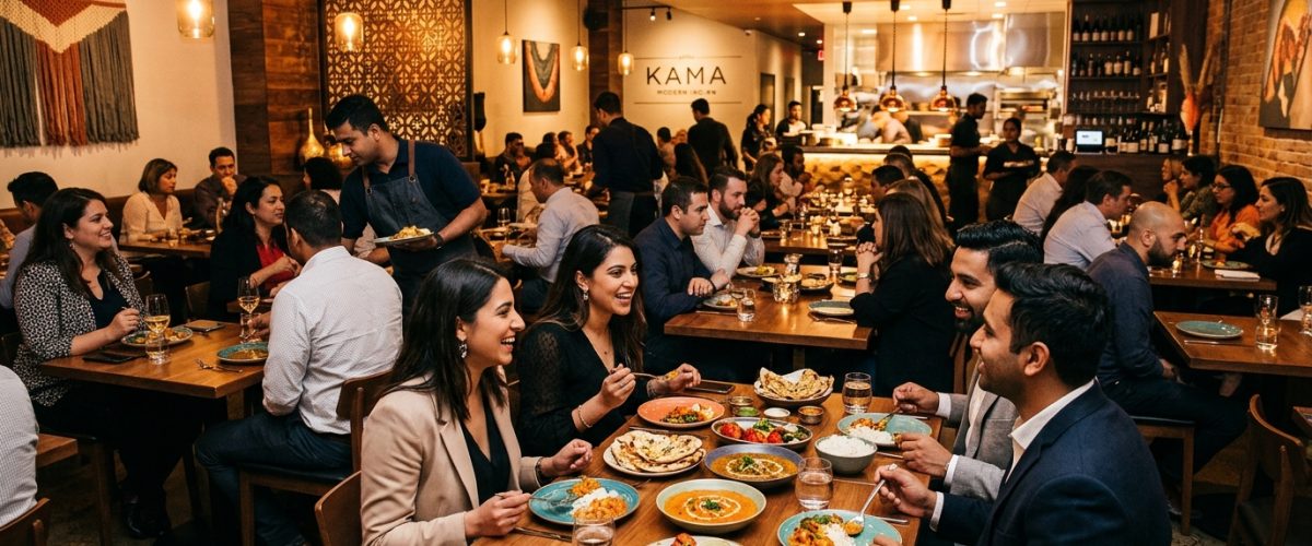 Modern Indian restaurant interior with diners enjoying meals