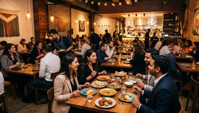 Modern Indian restaurant interior with diners enjoying meals