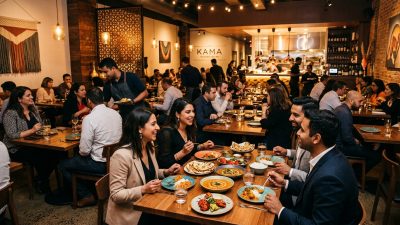 Modern Indian restaurant interior with diners enjoying meals