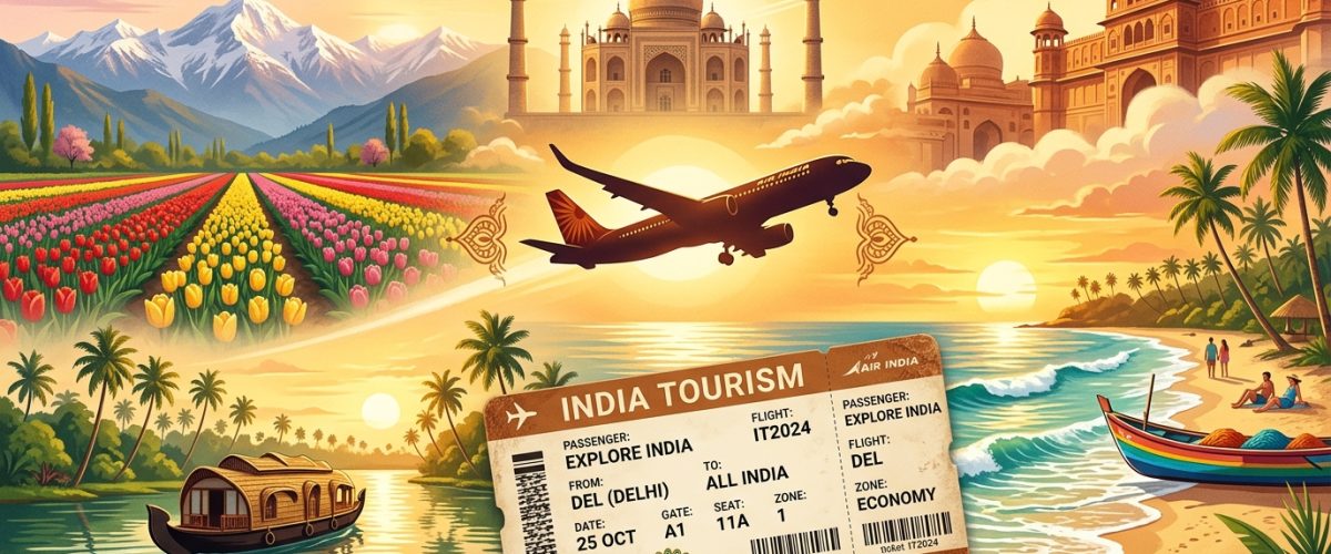 Stunning composite of India tourism destinations including mountains beaches and gardens