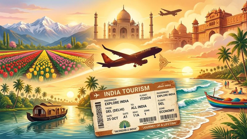 Stunning composite of India tourism destinations including mountains beaches and gardens