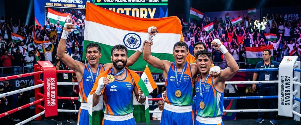 Indian boxers celebrating gold medals at Asian Boxing Championships 2026 in Ulaanbaatar