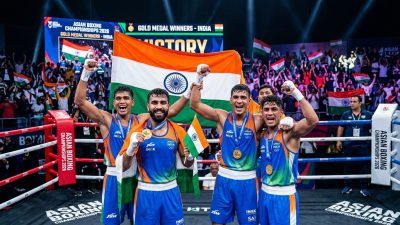 Indian boxers celebrating gold medals at Asian Boxing Championships 2026 in Ulaanbaatar
