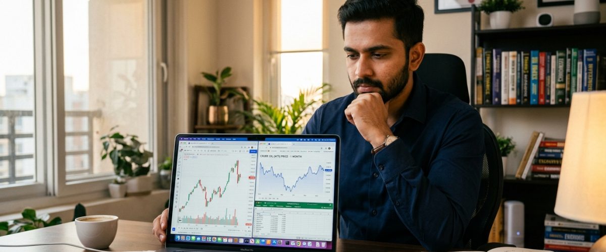 Indian investor reviewing stock market charts on laptop with crude oil price graph showing volatility