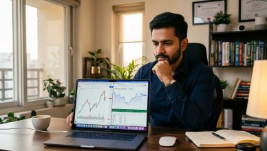 Indian investor reviewing stock market charts on laptop with crude oil price graph showing volatility