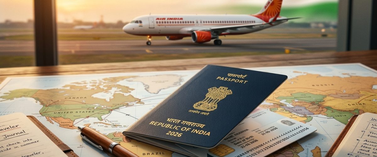 Indian passport with world map background representing international travel freedom