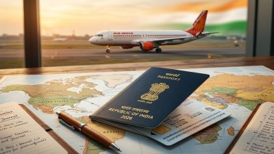 Indian passport with world map background representing international travel freedom