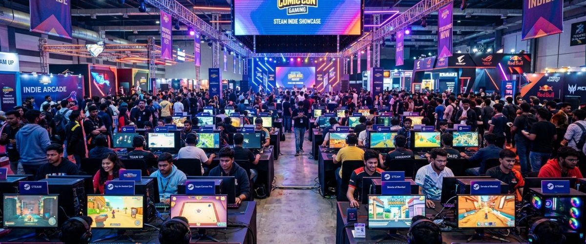 Indian indie game developers showcasing PC games at a vibrant gaming festival with Steam branding