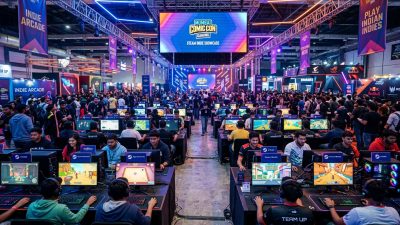 Indian indie game developers showcasing PC games at a vibrant gaming festival with Steam branding