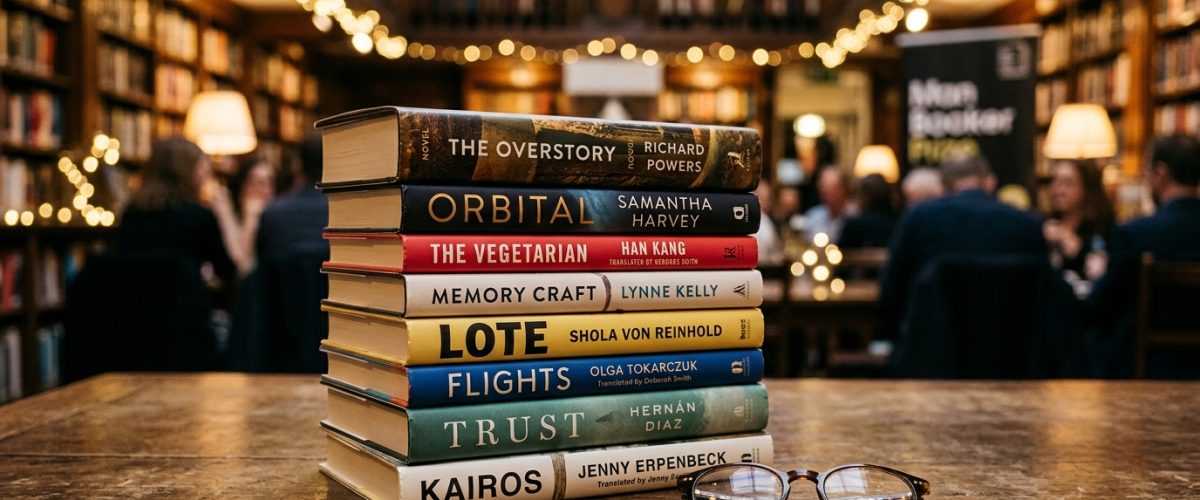 Stack of beautifully designed translated novels on an elegant table with warm library lighting