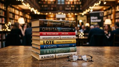 Stack of beautifully designed translated novels on an elegant table with warm library lighting