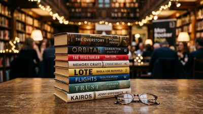 Stack of beautifully designed translated novels on an elegant table with warm library lighting
