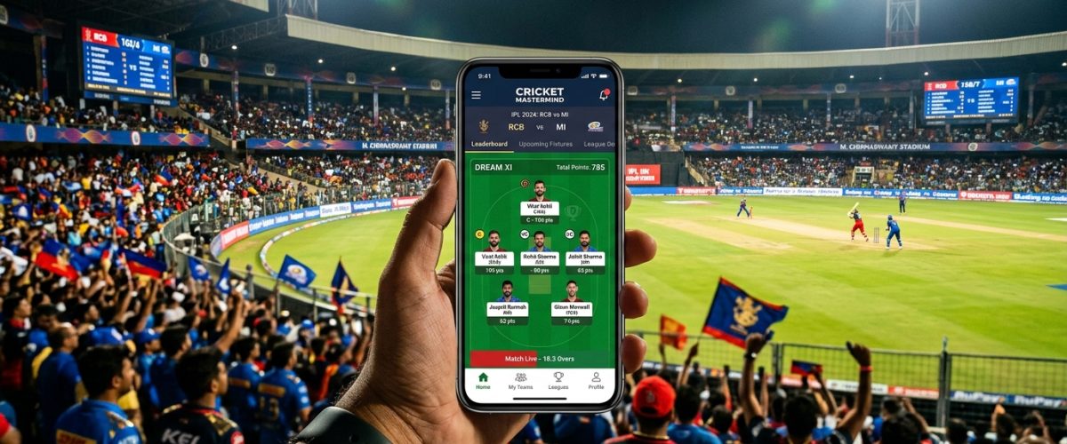Smartphone showing fantasy cricket app with player stats against packed cricket stadium