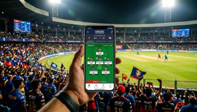 Smartphone showing fantasy cricket app with player stats against packed cricket stadium