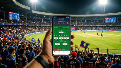 Smartphone showing fantasy cricket app with player stats against packed cricket stadium