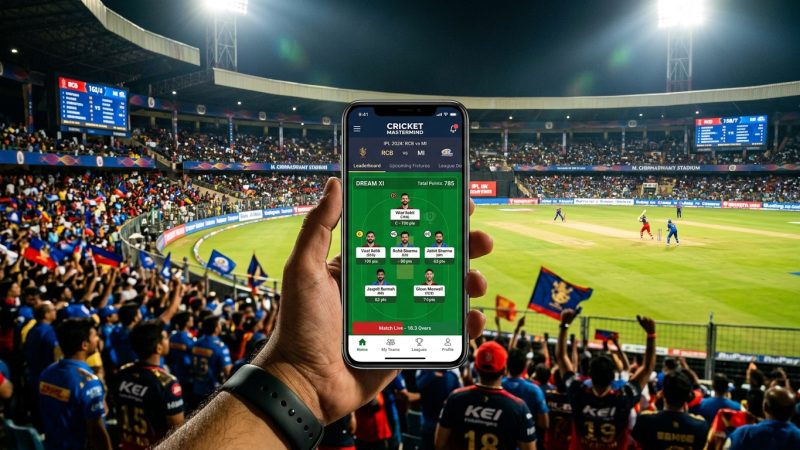 Smartphone showing fantasy cricket app with player stats against packed cricket stadium