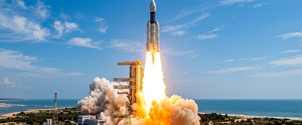 ISRO rocket launch from Satish Dhawan Space Centre with Indian tricolour and mission control in view