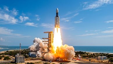 ISRO rocket launch from Satish Dhawan Space Centre with Indian tricolour and mission control in view