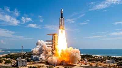 ISRO rocket launch from Satish Dhawan Space Centre with Indian tricolour and mission control in view