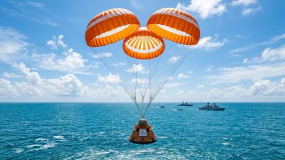 ISRO Gaganyaan crew module descending with parachutes during air drop test