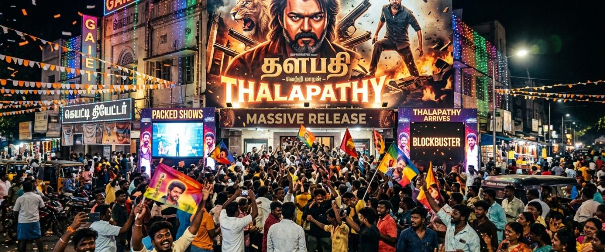 South Indian cinema poster display with packed movie theater entrance and colorful lights