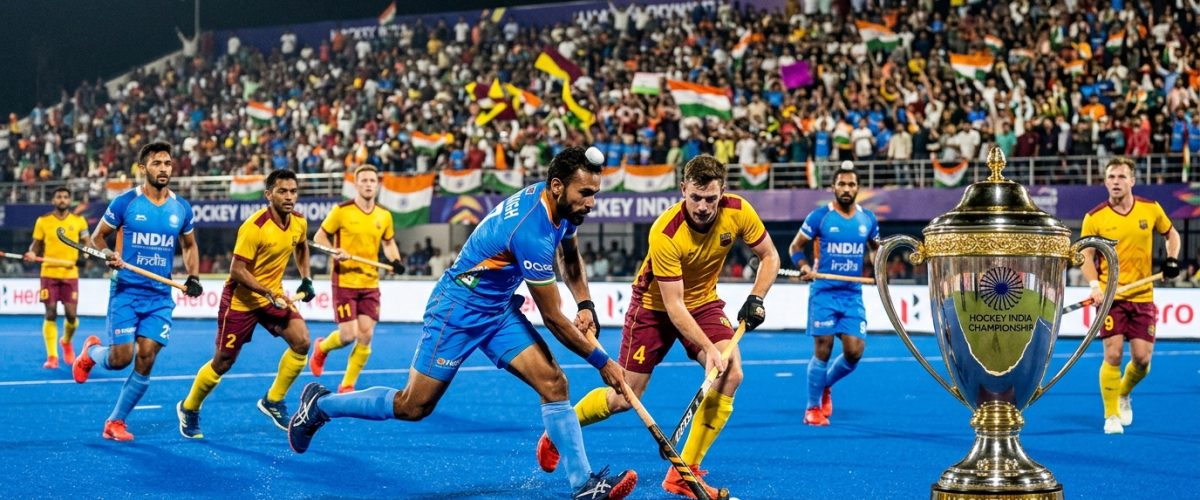 Intense field hockey match in packed Indian stadium with championship trophy