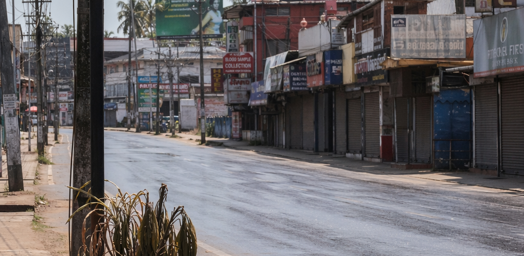 Empty Kerala street during midday self-lockdown as digital display shows 41 degrees during heatwave