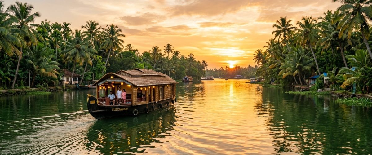 Traditional Kerala houseboat on calm backwaters surrounded by palm trees at golden sunset