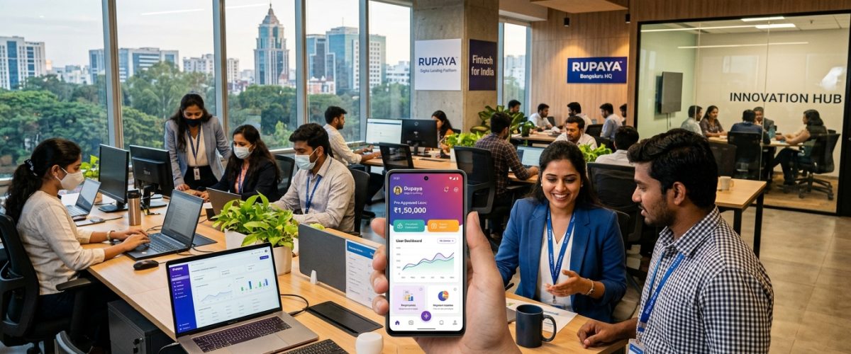 Modern Indian fintech startup office in Bengaluru with digital displays