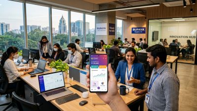 Modern Indian fintech startup office in Bengaluru with digital displays