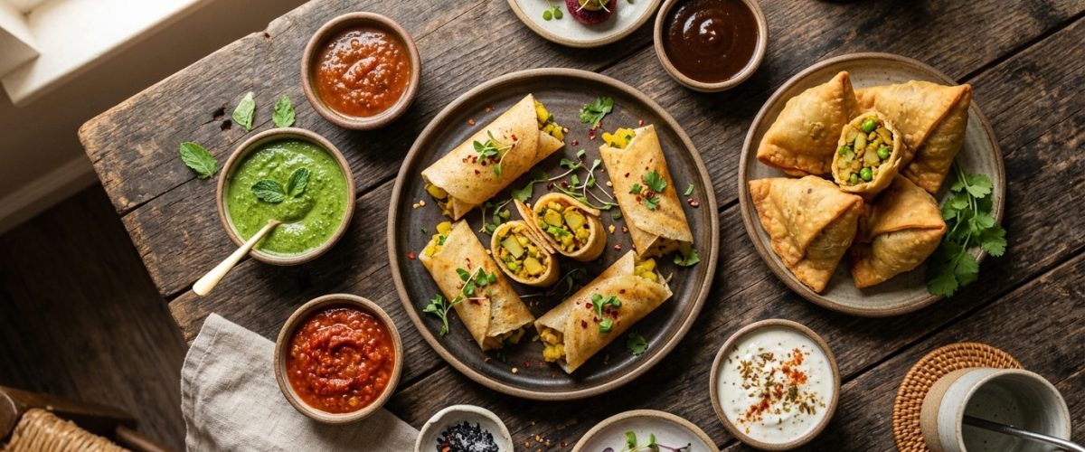 Colourful Indian snack platter featuring masala dosa bites and traditional samosas on a modern kitchen counter