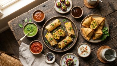 Colourful Indian snack platter featuring masala dosa bites and traditional samosas on a modern kitchen counter