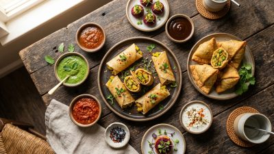 Colourful Indian snack platter featuring masala dosa bites and traditional samosas on a modern kitchen counter