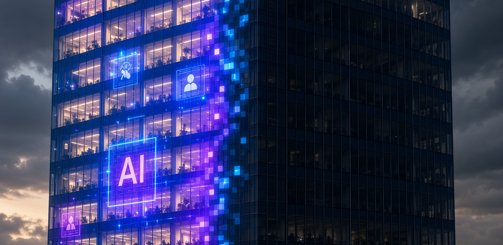 Meta headquarters symbolically divided between AI investment illumination and layoff darkness