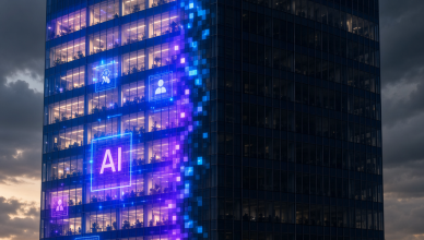 Meta headquarters symbolically divided between AI investment illumination and layoff darkness