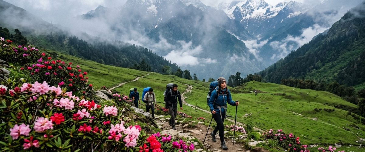 Trekkers on a Himalayan trail in Uttarakhand with blooming rhododendrons and misty mountain peaks