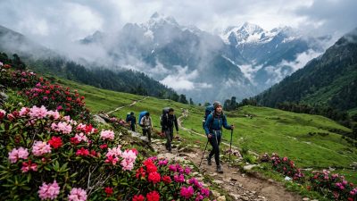 Trekkers on a Himalayan trail in Uttarakhand with blooming rhododendrons and misty mountain peaks