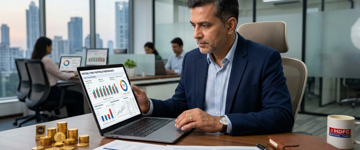 Indian investor reviewing mutual fund portfolio on laptop with financial charts
