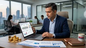 Indian investor reviewing mutual fund portfolio on laptop with financial charts