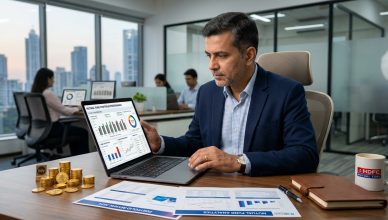 Indian investor reviewing mutual fund portfolio on laptop with financial charts