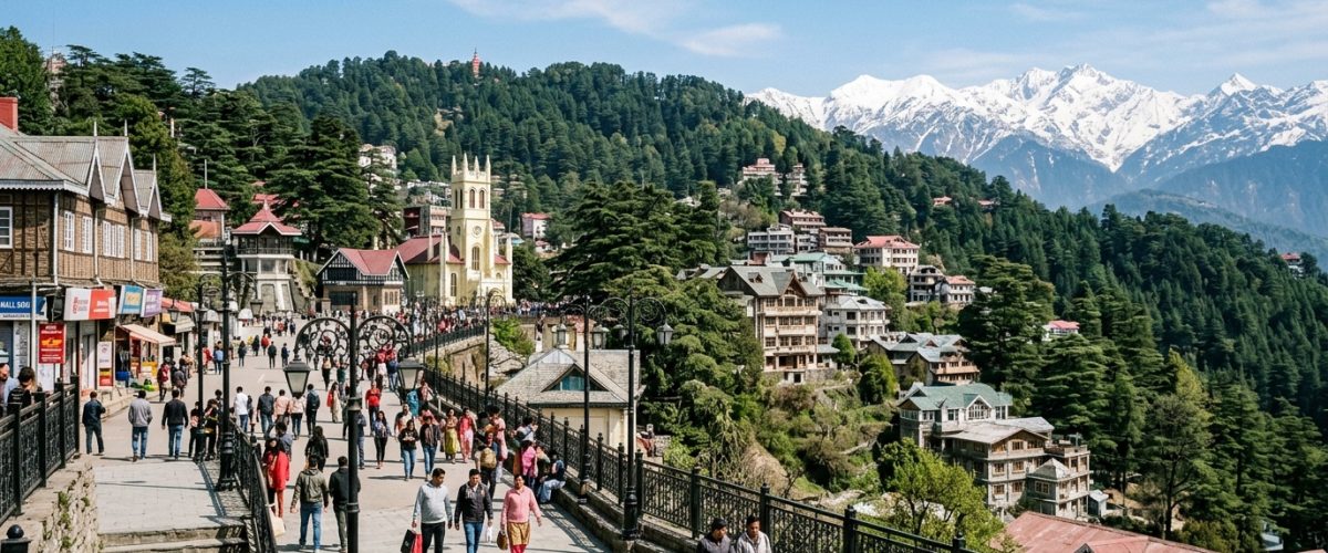 Shimla Mall Road in April with tourists and colonial buildings against Himalayan backdrop