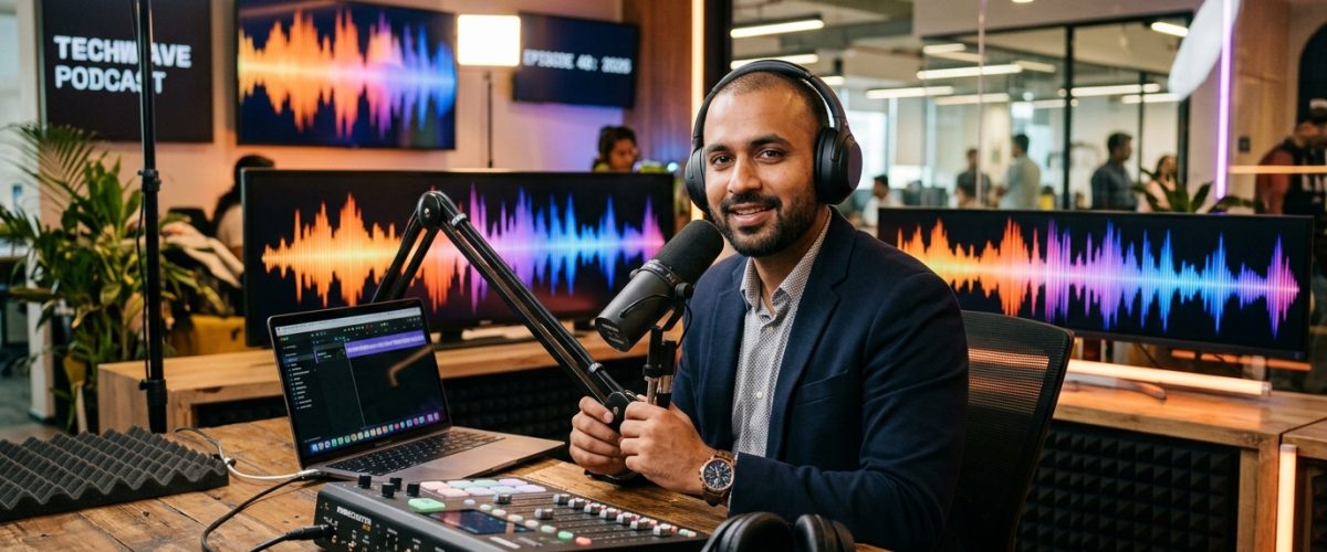 Indian startup founder in tech office with podcast studio equipment and audio waveforms