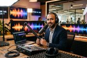 Indian startup founder in tech office with podcast studio equipment and audio waveforms