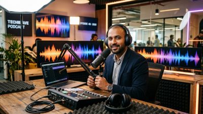 Indian startup founder in tech office with podcast studio equipment and audio waveforms
