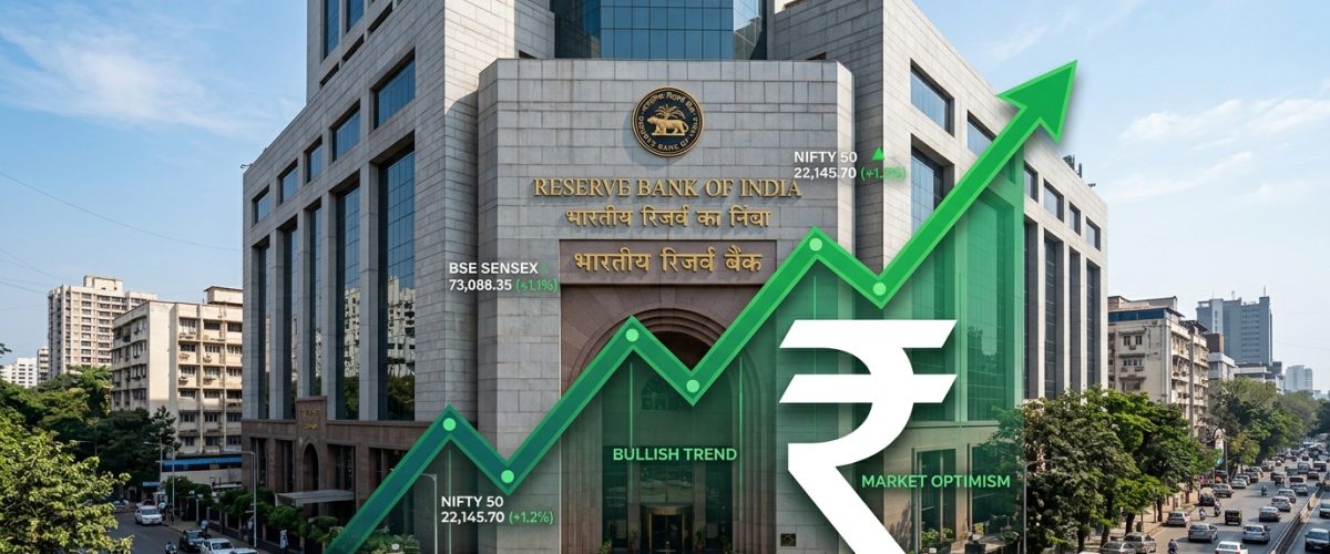 Reserve Bank of India building with rupee symbol and GDP growth chart overlay
