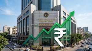 Reserve Bank of India building with rupee symbol and GDP growth chart overlay