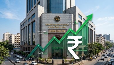 Reserve Bank of India building with rupee symbol and GDP growth chart overlay