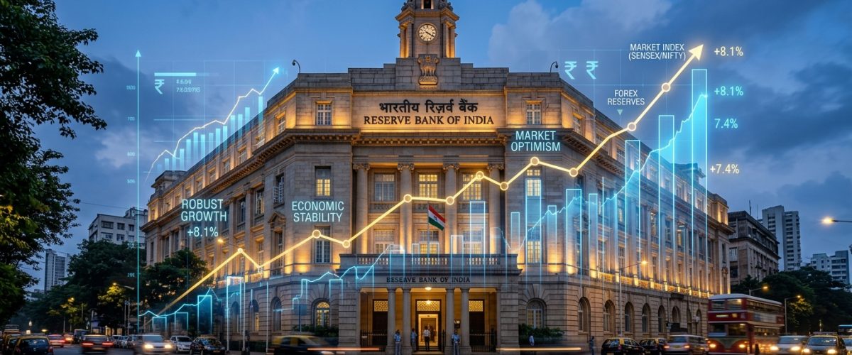 Reserve Bank of India headquarters building with Indian economy data charts overlay